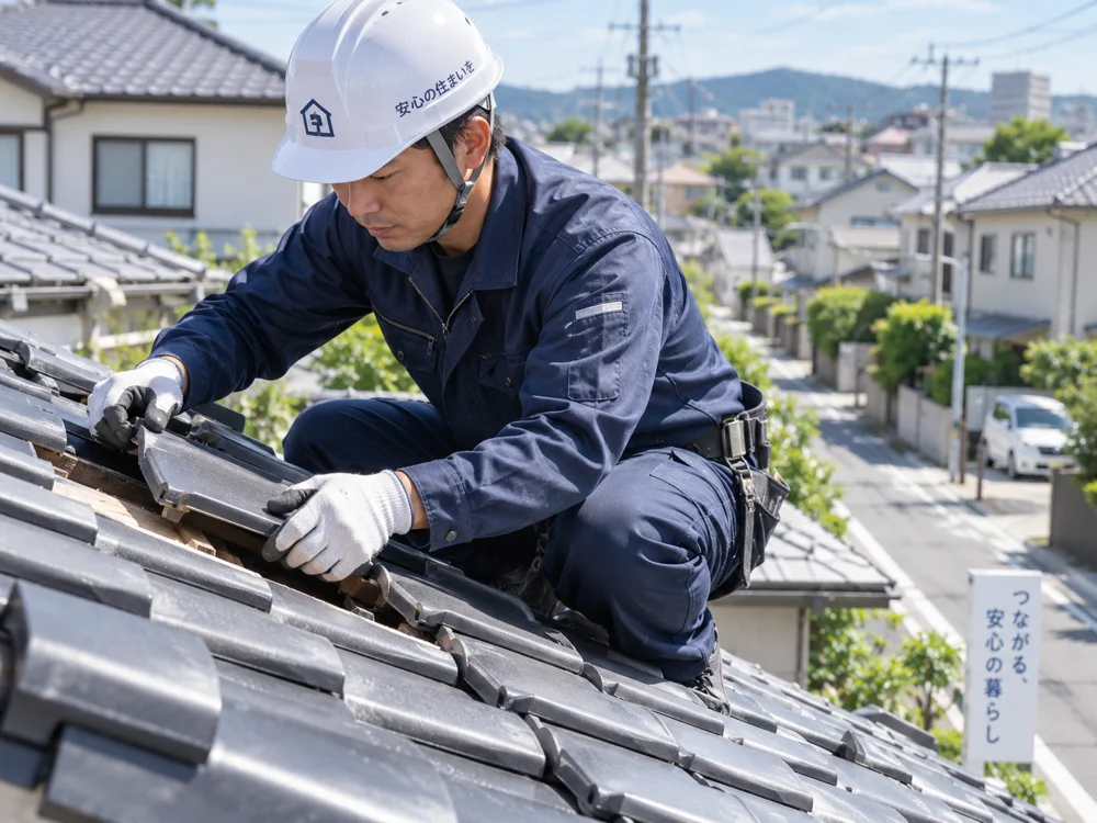 住宅街で屋根の補修をする作業員