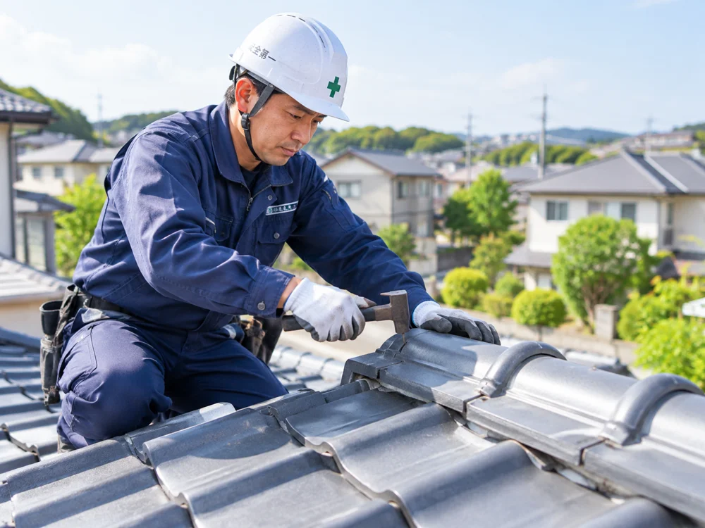 屋根の頂部を点検する作業員
